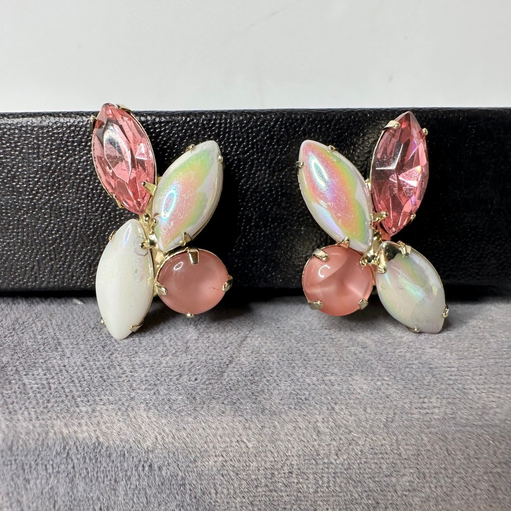 Vintage Pink Iridescent Rhinestone Cluster Gold Tone Clip On Earrings Marquise